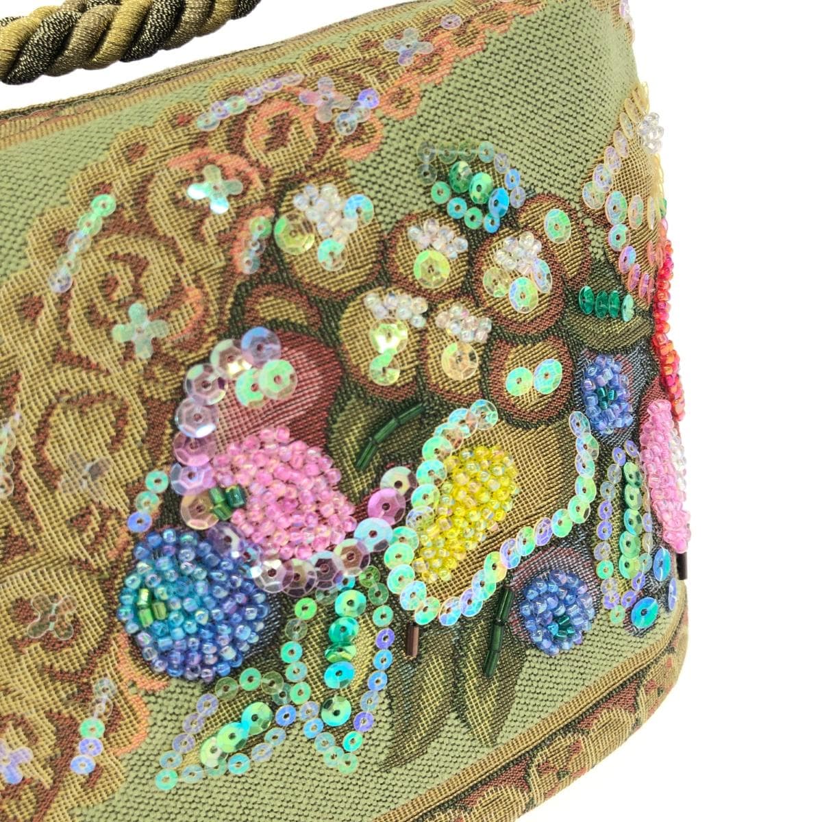 Think Bee boat bag handbag unused item green tapestry sequins fruit pattern beads green gray 6
