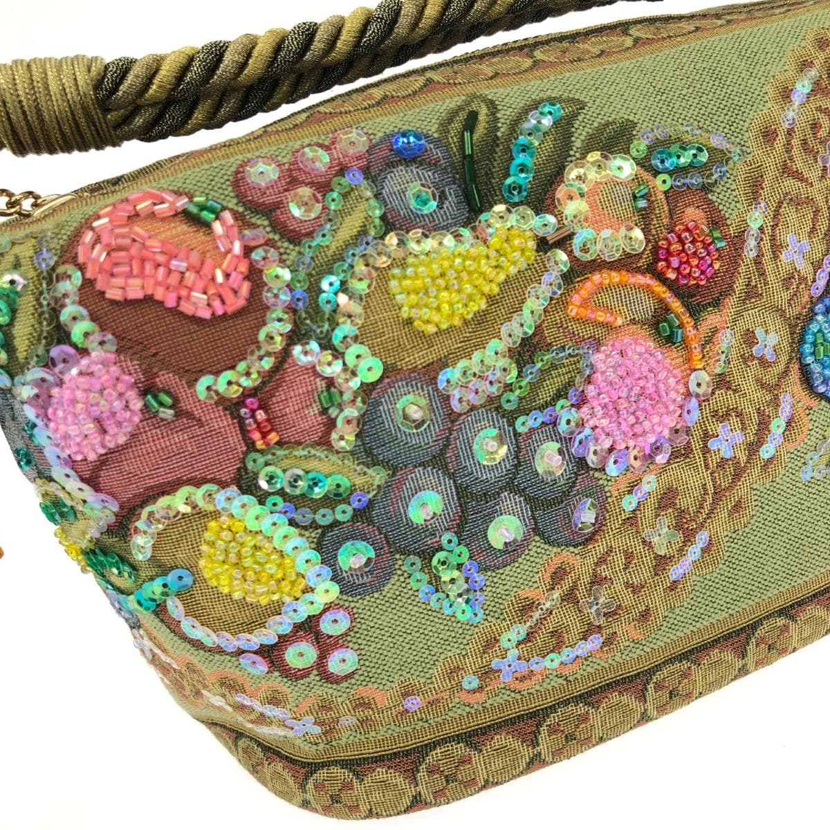Think Bee boat bag handbag unused item green tapestry sequins fruit pattern beads green gray 7