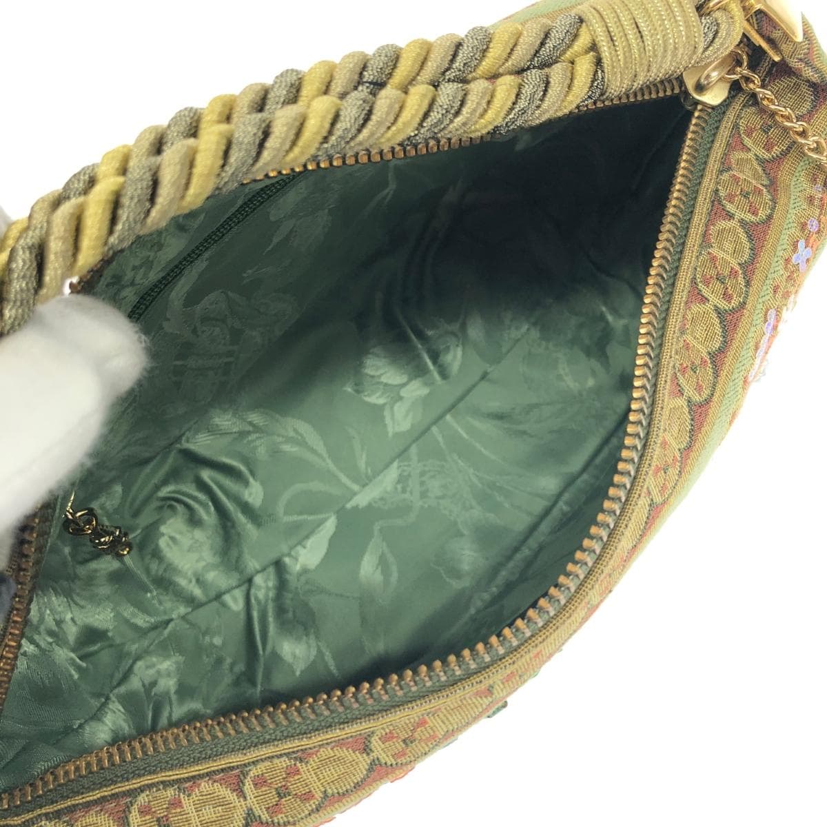 Think Bee boat bag handbag unused item green tapestry sequins fruit pattern beads green gray 8