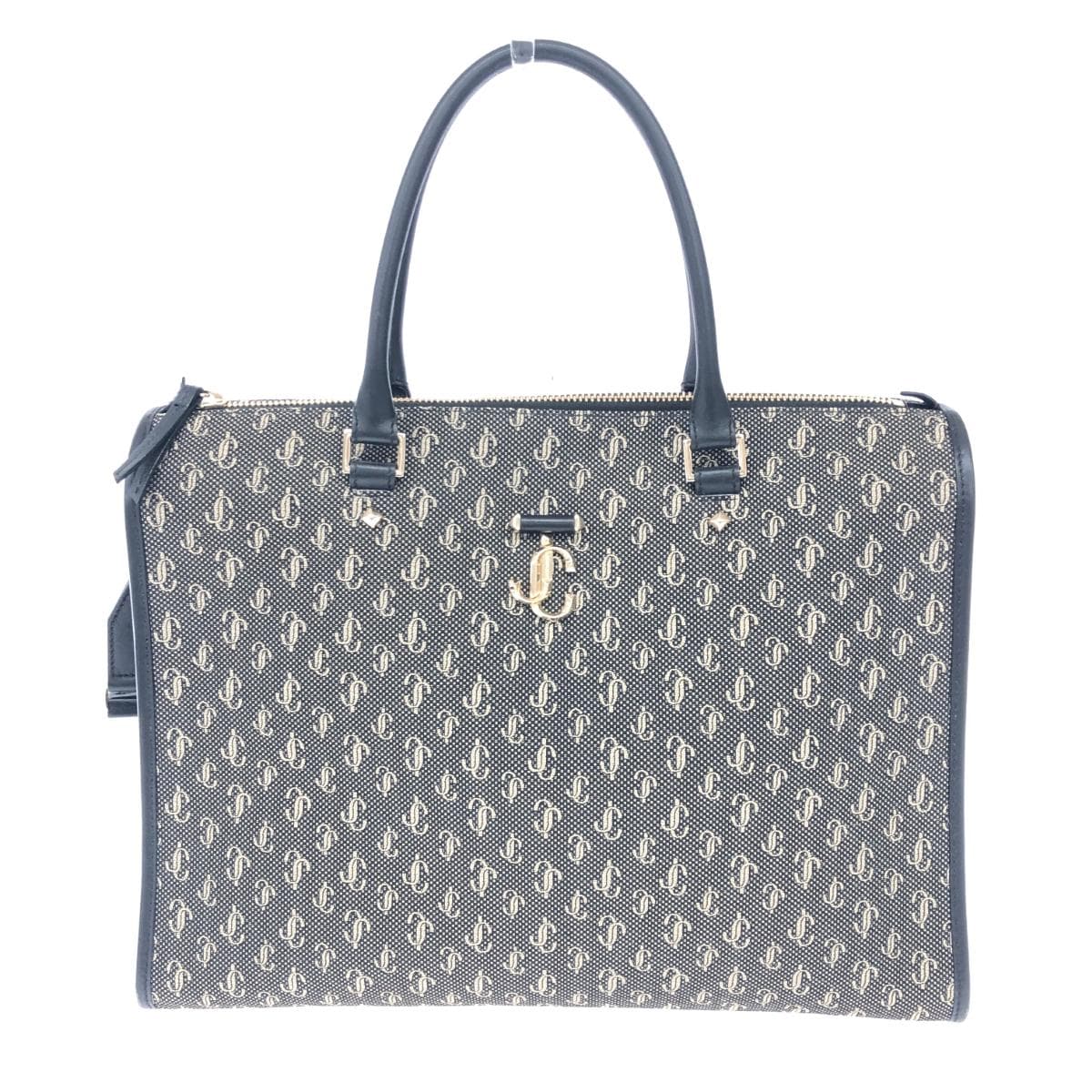 JIMMY CHOO 2WAY Bag Black/Gray Jacquard Web Top Handle JC Pattern Women's Multifunctional Bag