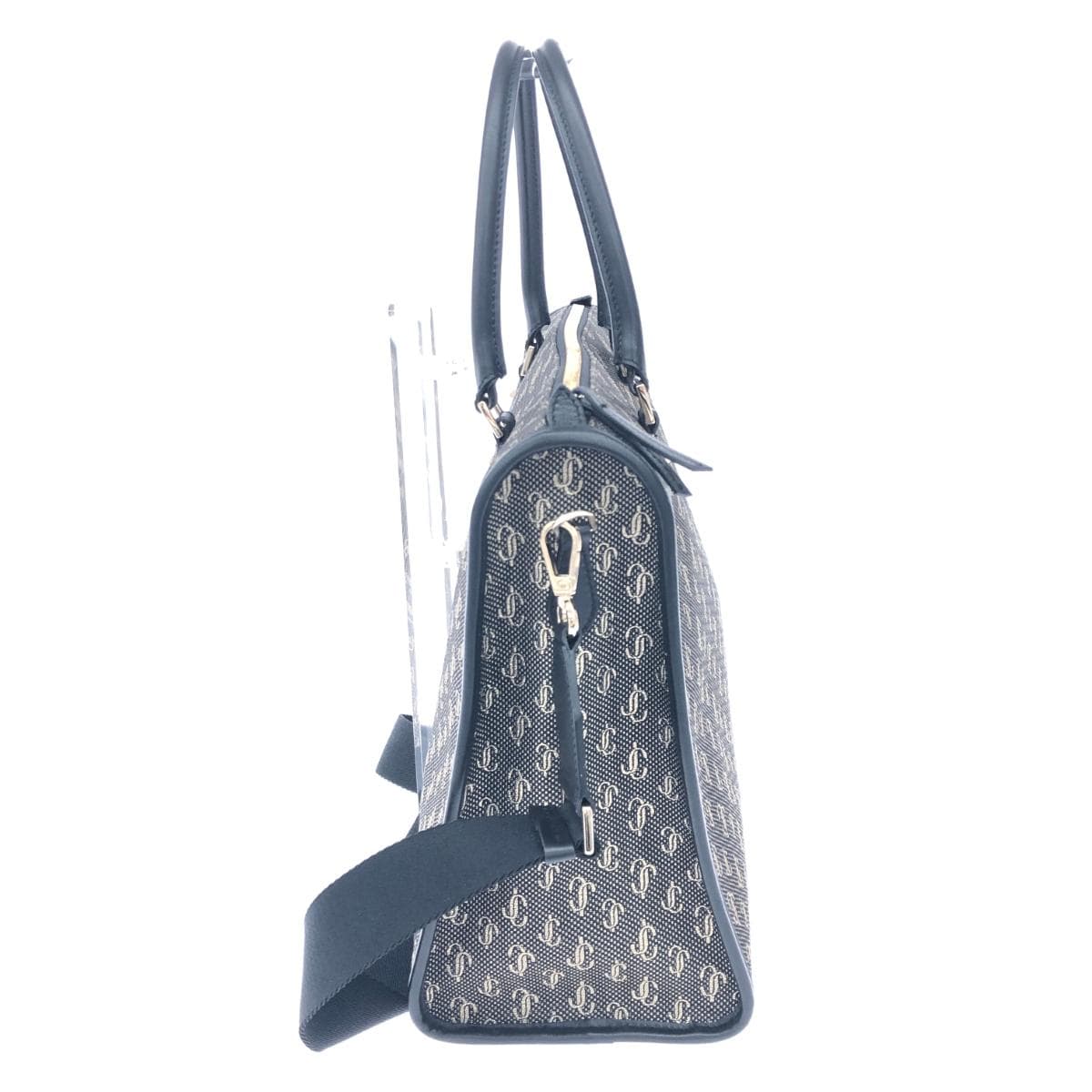 JIMMY CHOO 2WAY Bag Black/Gray Jacquard Web Top Handle JC Pattern Women's Multifunctional Bag 2