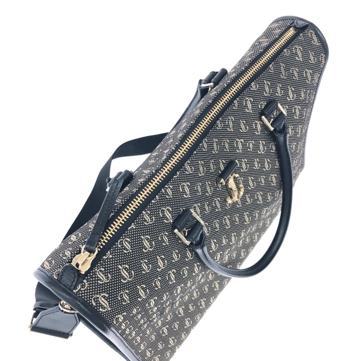 JIMMY CHOO 2WAY Bag Black/Gray Jacquard Web Top Handle JC Pattern Women's Multifunctional Bag 6