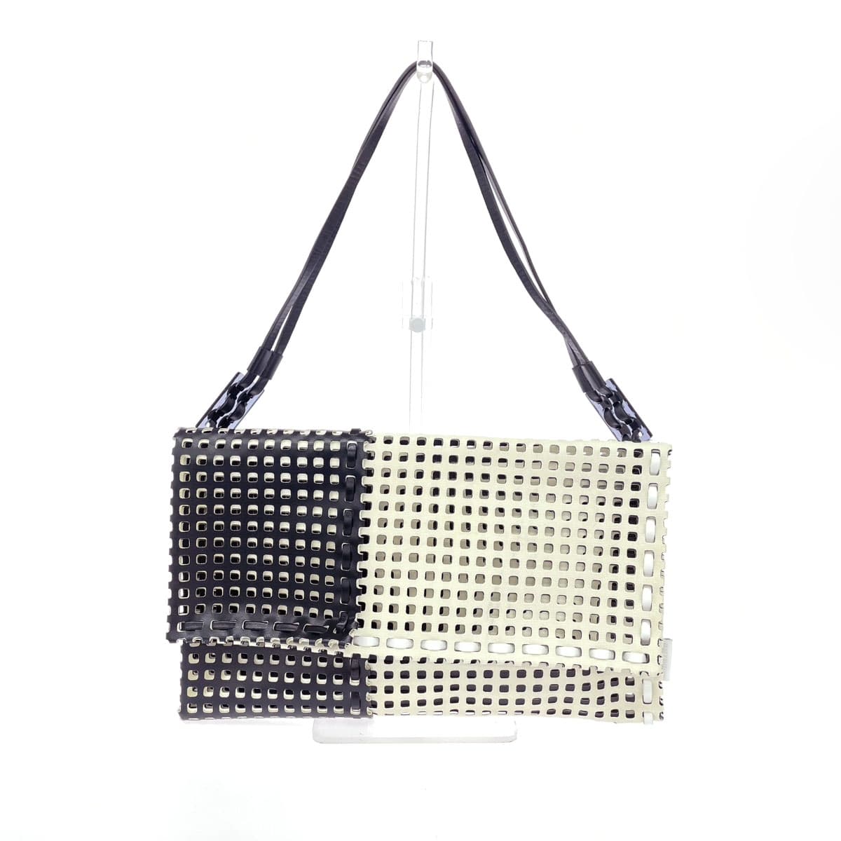 ISSEY MIYAKE Shoulder Tote Bag Good Condition IM41-AG21 Ivory x Black Leather Mesh Ladies Bag