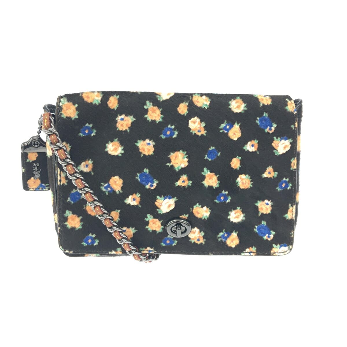 COACH Dinky 24 in excellent condition, floral pattern/turn lock/hair-on leather 38208, black, for women