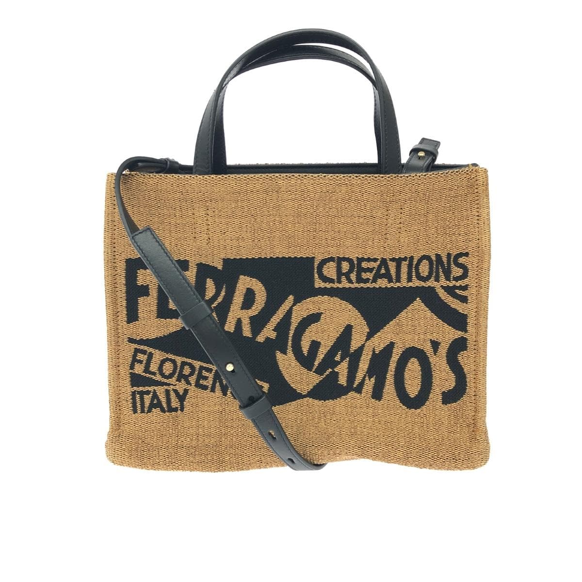 Salvatore Ferragamo 2WAY bag in excellent condition, logo raffia, black/beige, women's