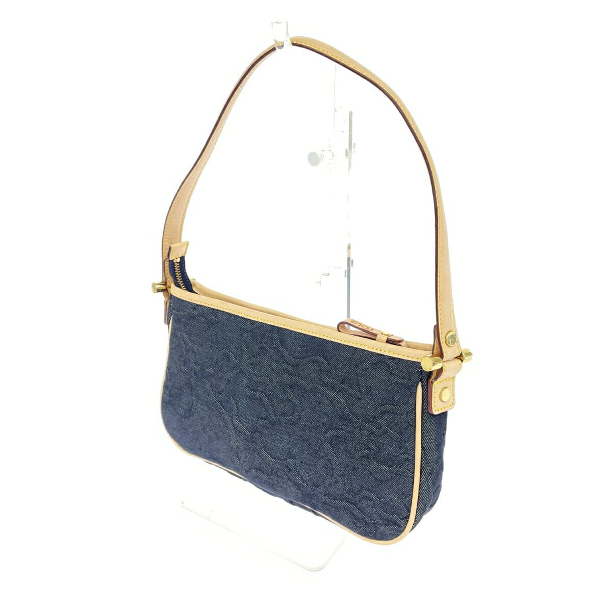 TOUS One Shoulder Bag Good Condition Bear Embossed Denim Navy Women's 3