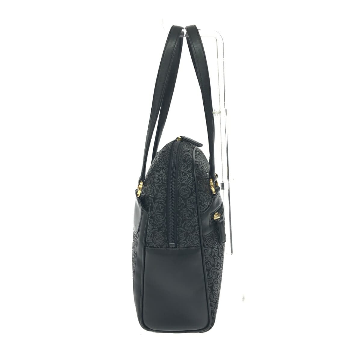 Inden-ya Handbag Rose Pattern / Black Ground Deer Leather Black Lacquer Black Ladies 2