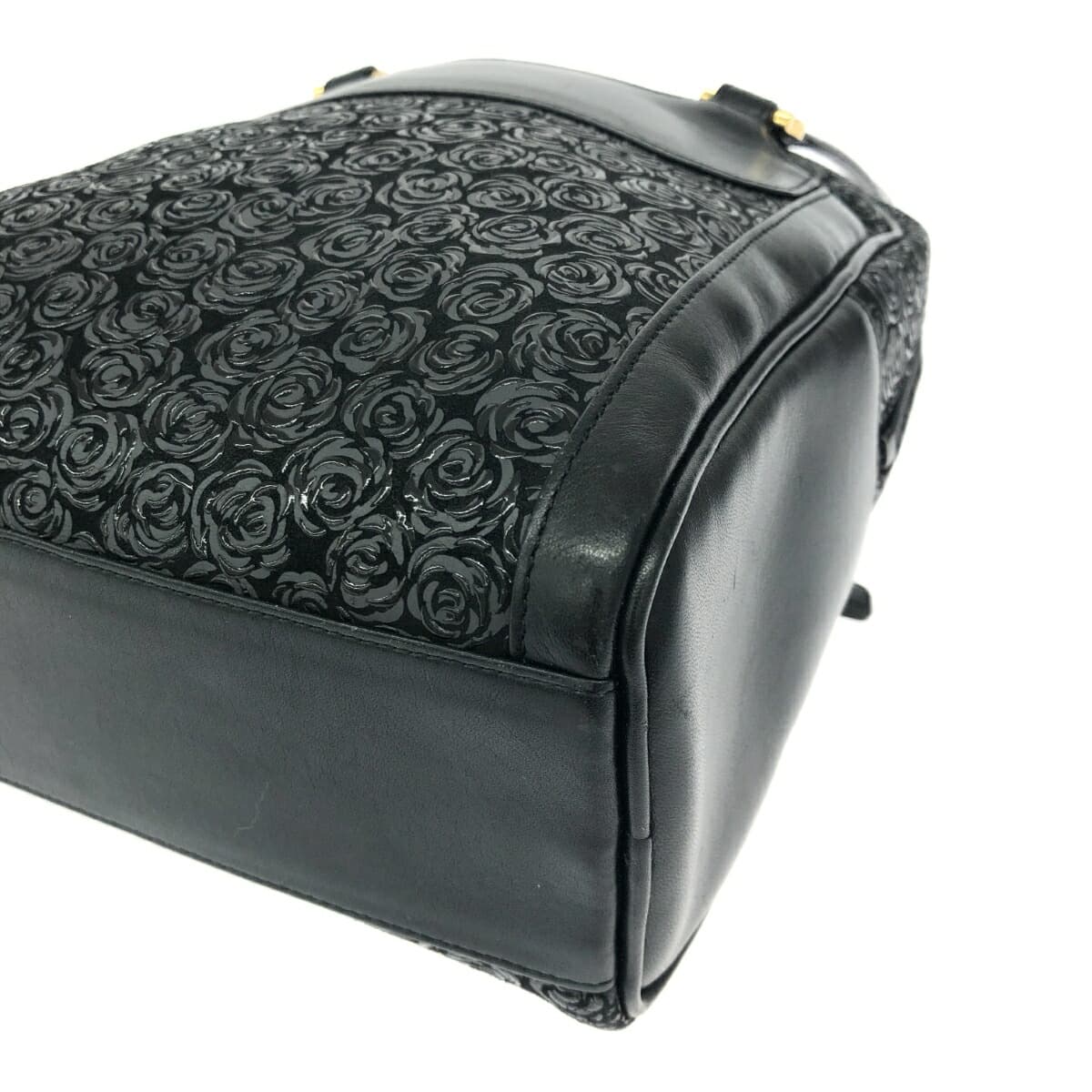 Inden-ya Handbag Rose Pattern / Black Ground Deer Leather Black Lacquer Black Ladies 7