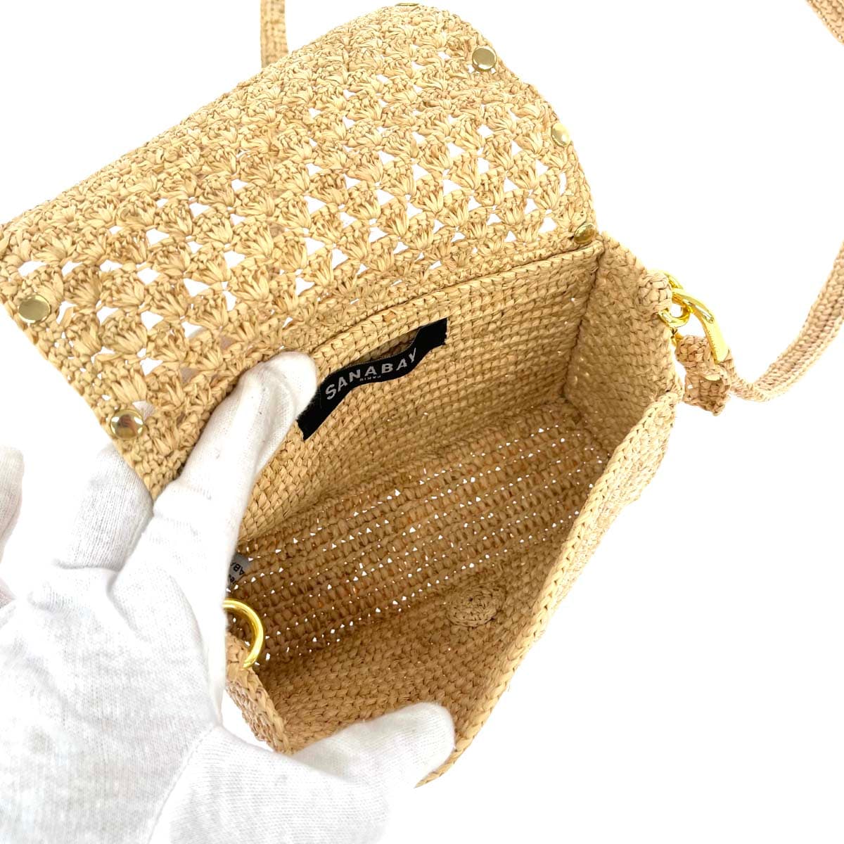 SANABEY Sanabe Paris Shoulder Bag Rafia/Woven Bag Studs Beige Women's 4