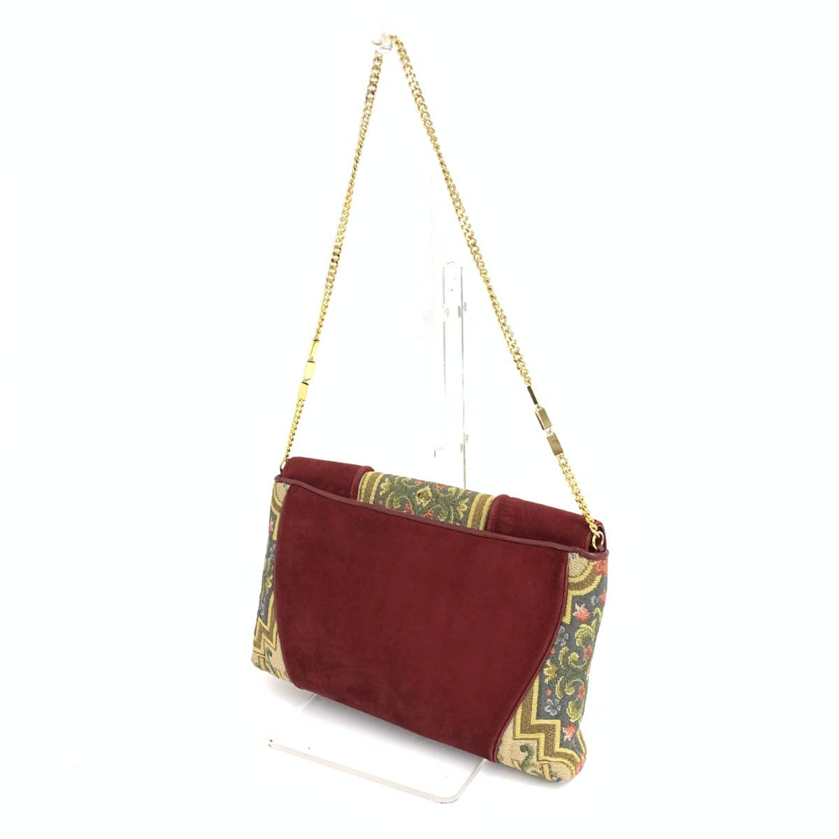 HAMANO Hamano Chain Shoulder Bag Floral Pattern / Suede × Tapestry Vintage Item Bordeaux Ladies 3