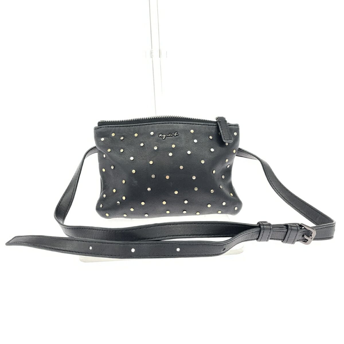agnes b. Agnes B Mini Waist Pouch Logo/Studs/Lamb Leather Black Ladies