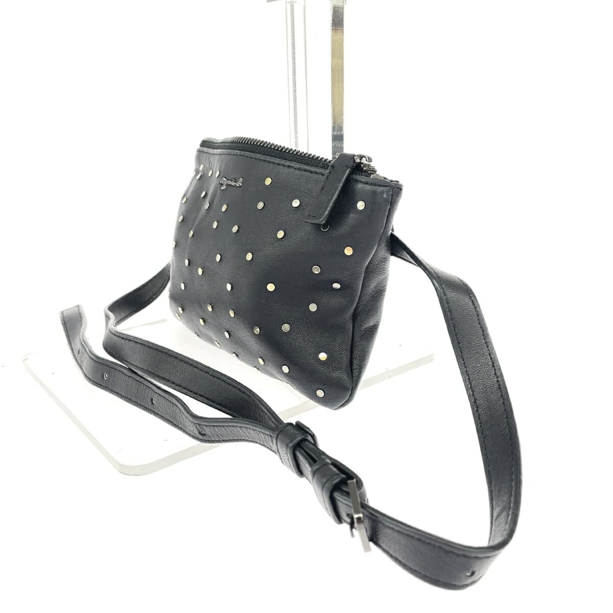 agnes b. Agnes B Mini Waist Pouch Logo/Studs/Lamb Leather Black Ladies 3