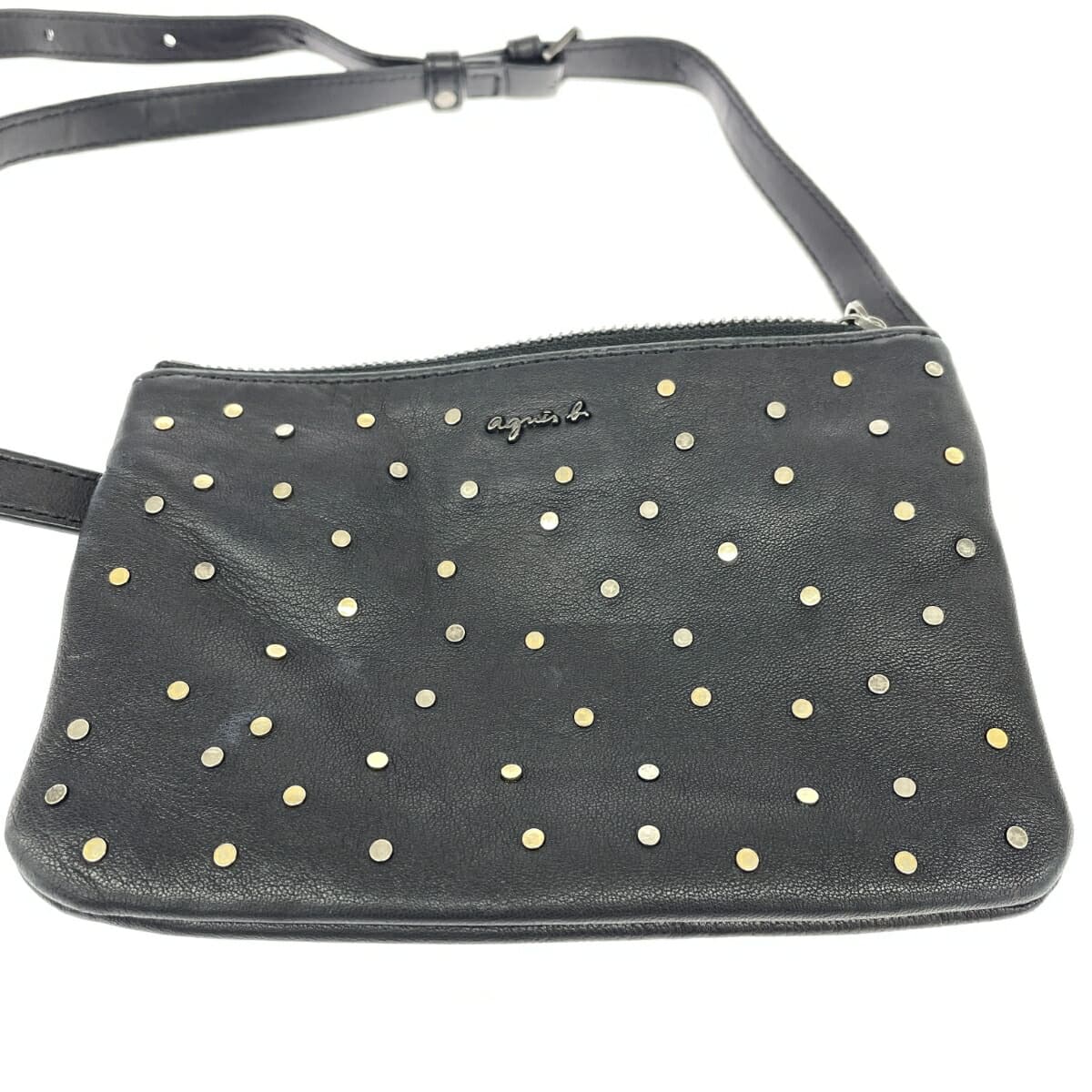 agnes b. Agnes B Mini Waist Pouch Logo/Studs/Lamb Leather Black Ladies 7