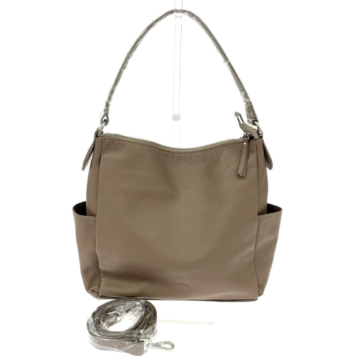 BARCOS 2WAY shoulder bag in good condition, logo embossed/leather, greige, for women