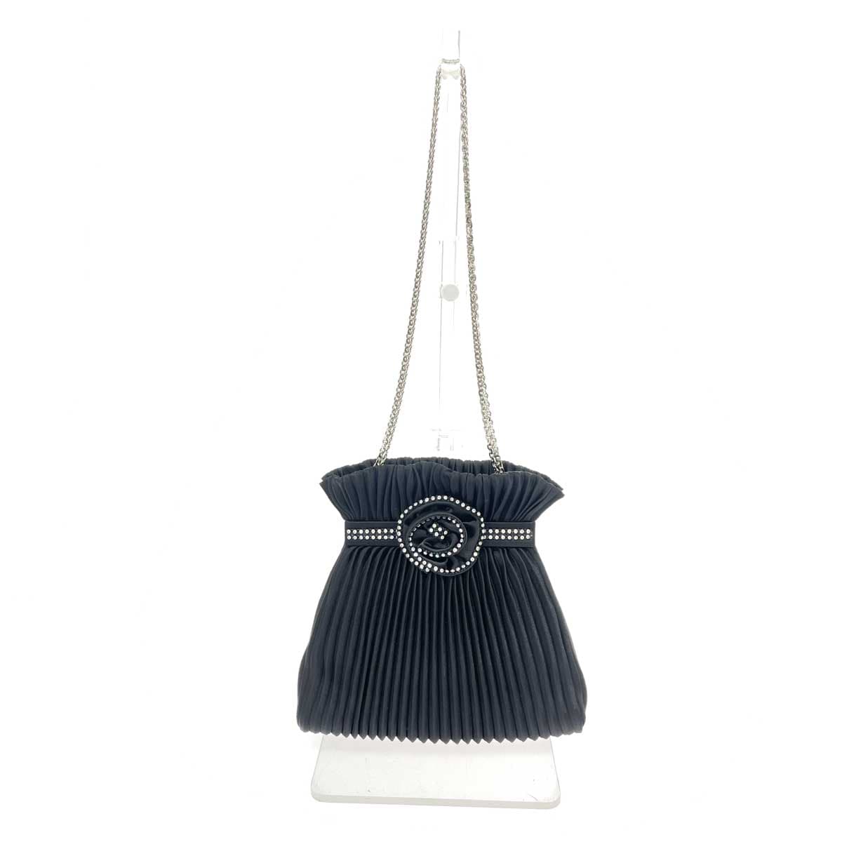 Katsumi Party Bag in Excellent Condition, Chain Shoulder / Pleats / Rhinestones / Satin, Black, Ladies