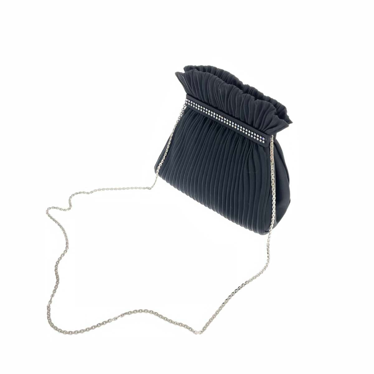 Katsumi Party Bag in Excellent Condition, Chain Shoulder / Pleats / Rhinestones / Satin, Black, Ladies 3