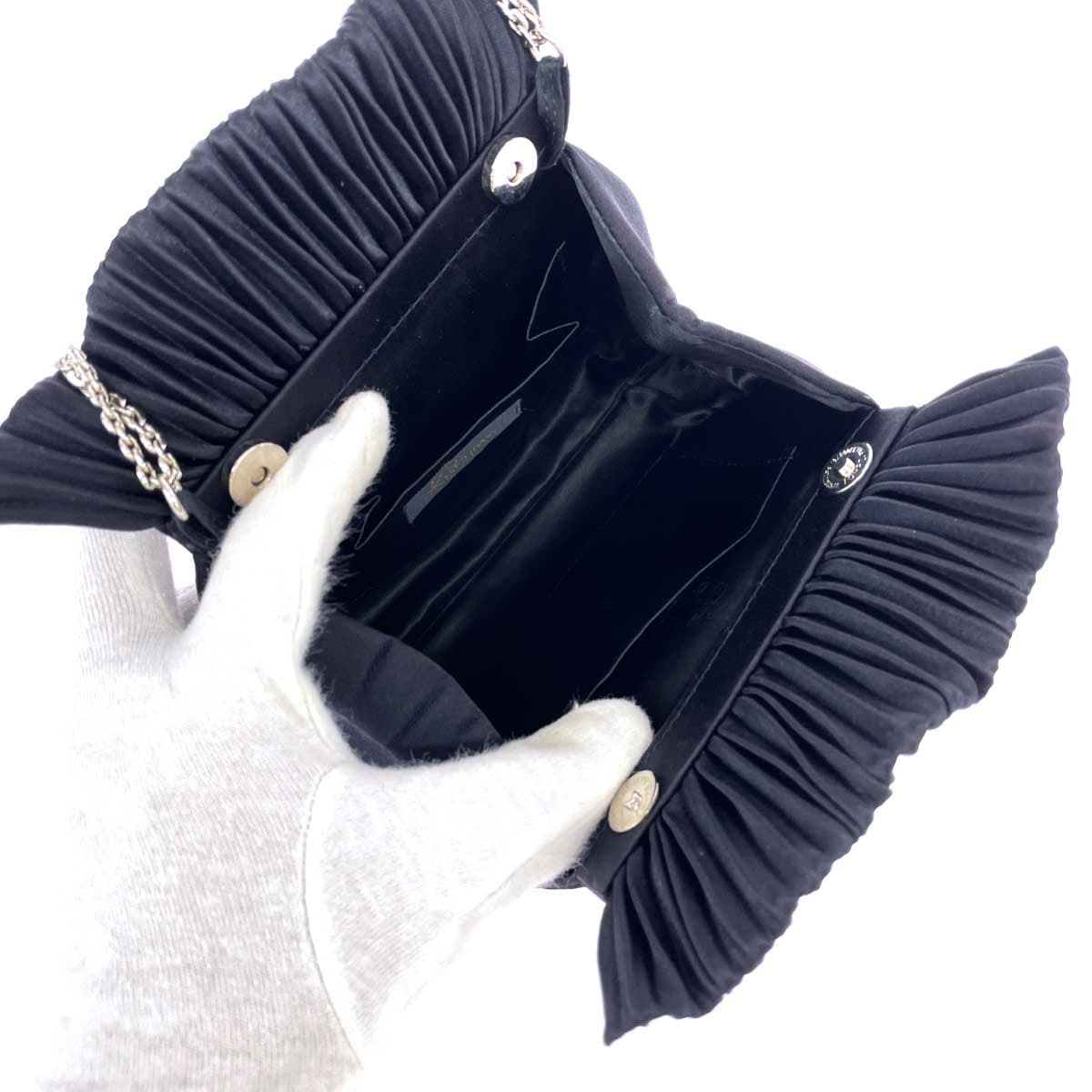 Katsumi Party Bag in Excellent Condition, Chain Shoulder / Pleats / Rhinestones / Satin, Black, Ladies 4
