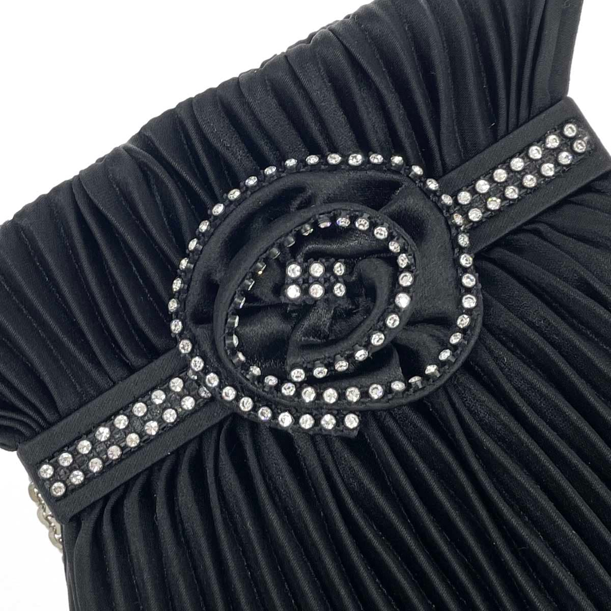 Katsumi Party Bag in Excellent Condition, Chain Shoulder / Pleats / Rhinestones / Satin, Black, Ladies 5