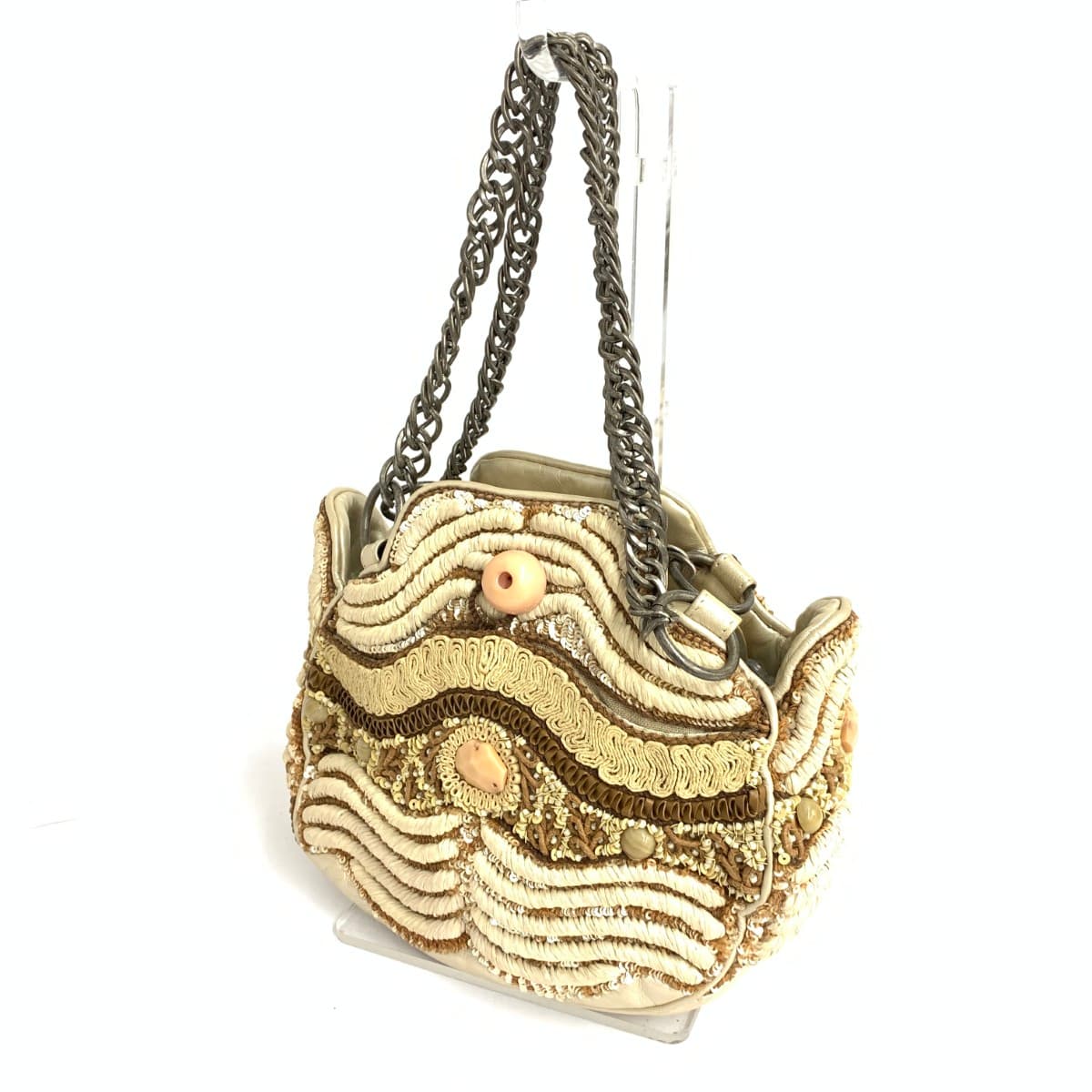 JAMINPUECH Chain Tote Bag Sequin Leather Beige Ladies 3