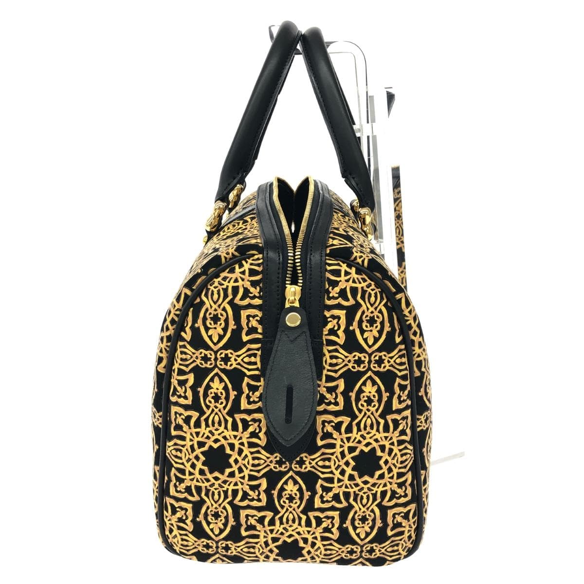 Inden-ya Boston bag in good condition, Geobesque series / Kinart / Arabesque pattern / black deer leather with brown lacquer, unisex 2