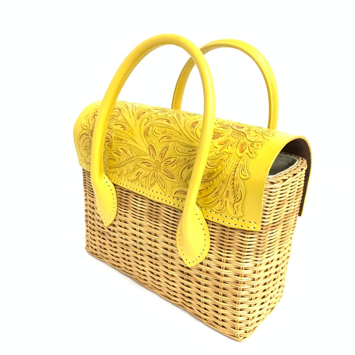 GRACE CONTINENTAL Carving Bag in excellent condition, basket, leather × rattan, yellow/beige, ladies 3