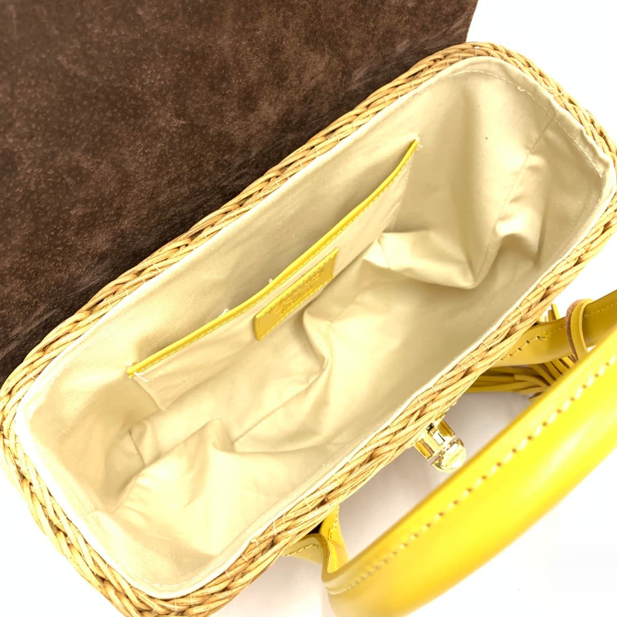 GRACE CONTINENTAL Carving Bag in excellent condition, basket, leather × rattan, yellow/beige, ladies 6
