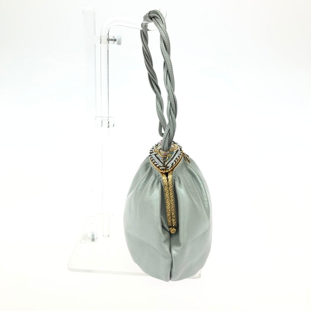 HAMANO Handbag Leather Beads Gray Women's 2