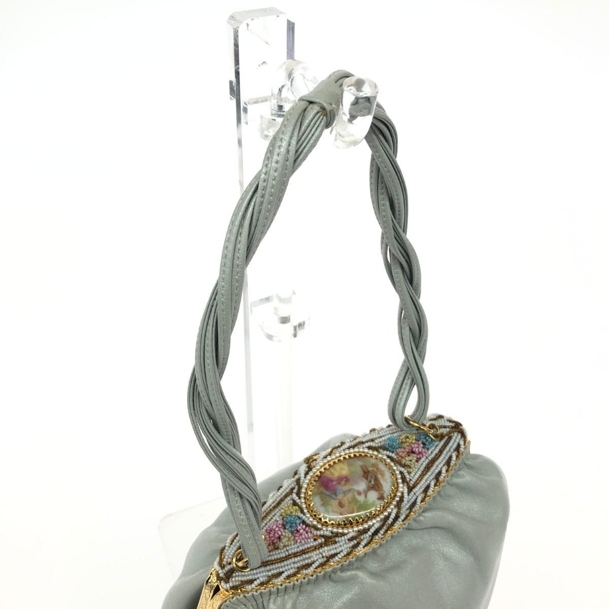 HAMANO Handbag Leather Beads Gray Women's 4
