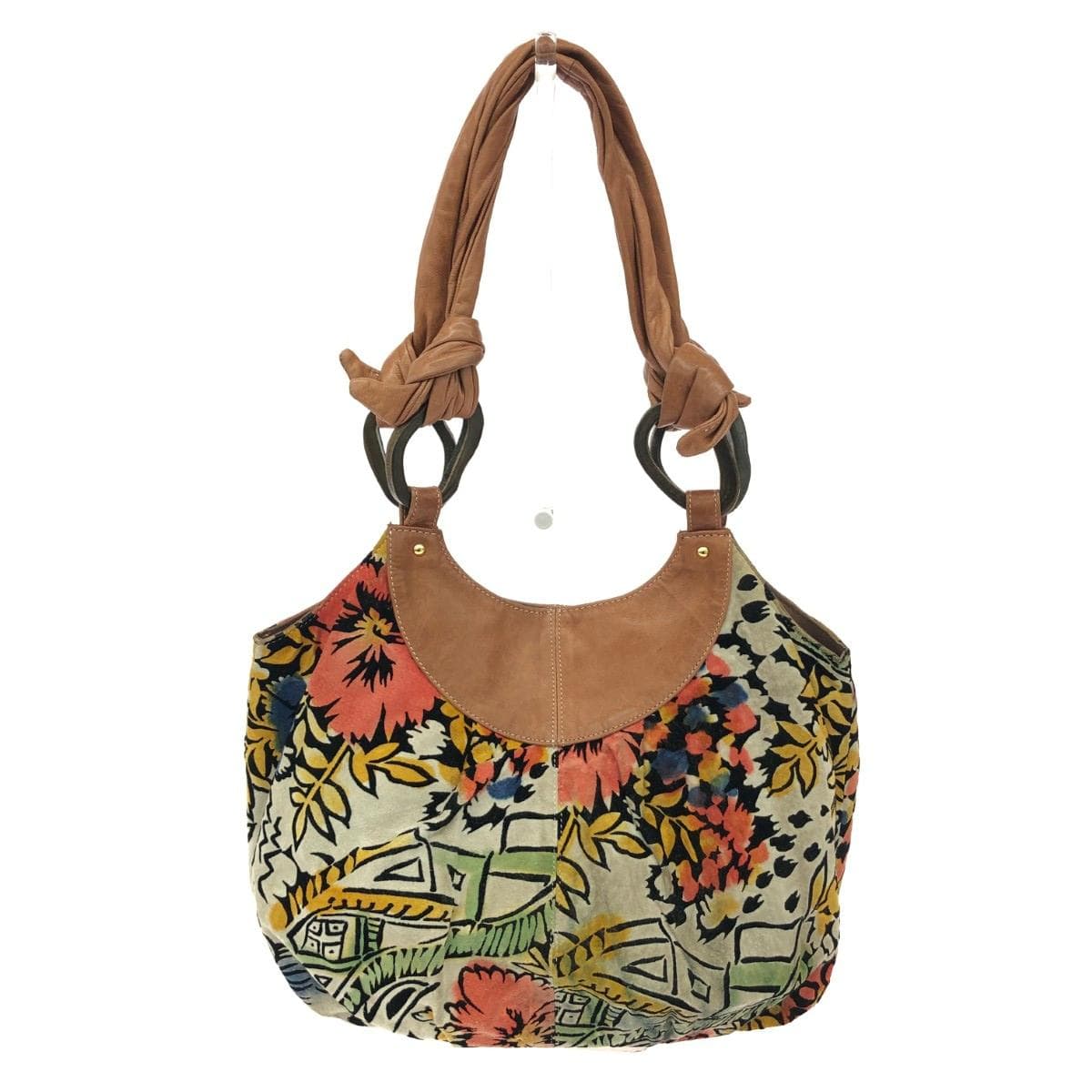 Cal tote bag, flower wood parts, leather, multicolor, ladies