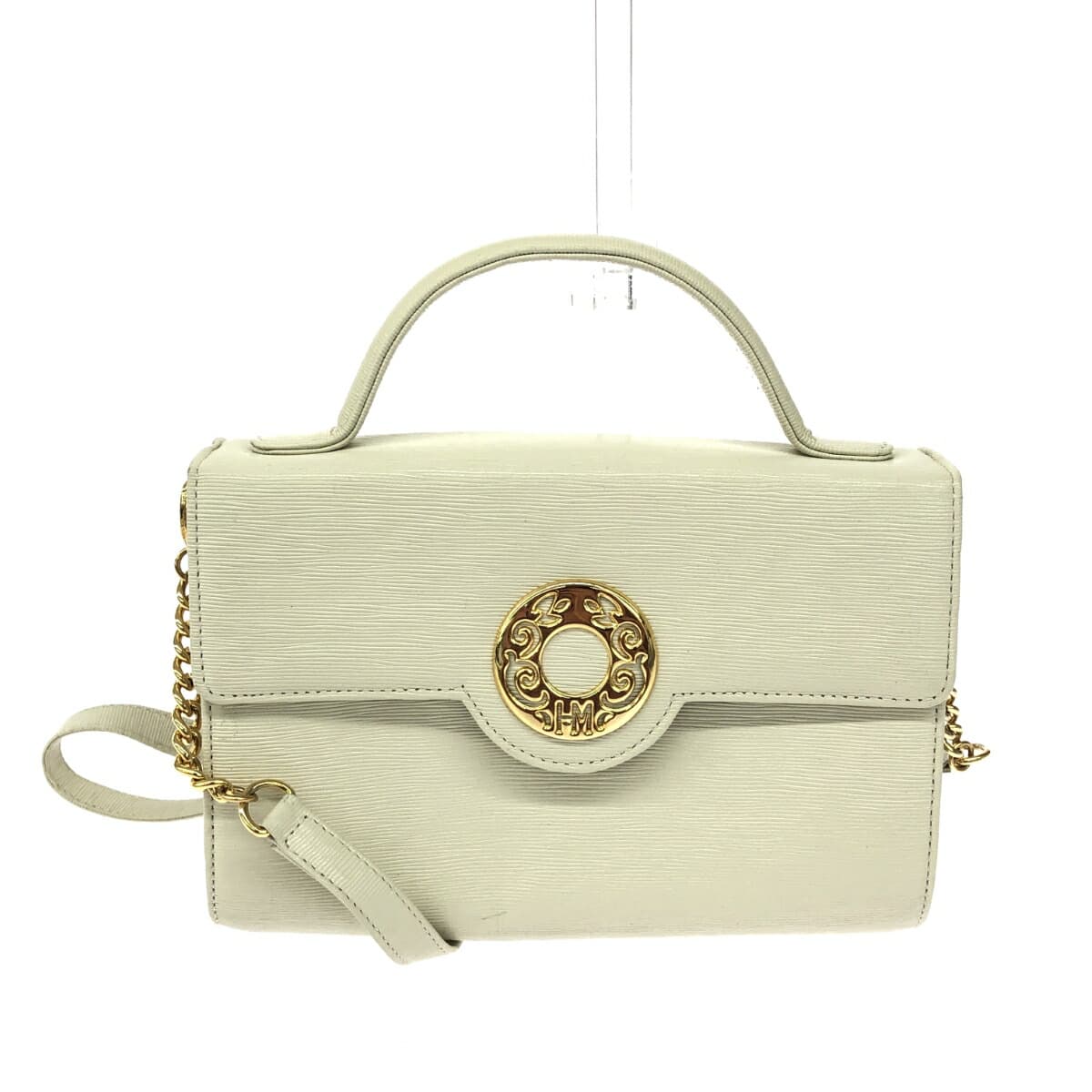 HANAE MORI 2WAY Mini Handbag Circle Hardware/HM Logo/Leather/Ivory Vintage White Ladies