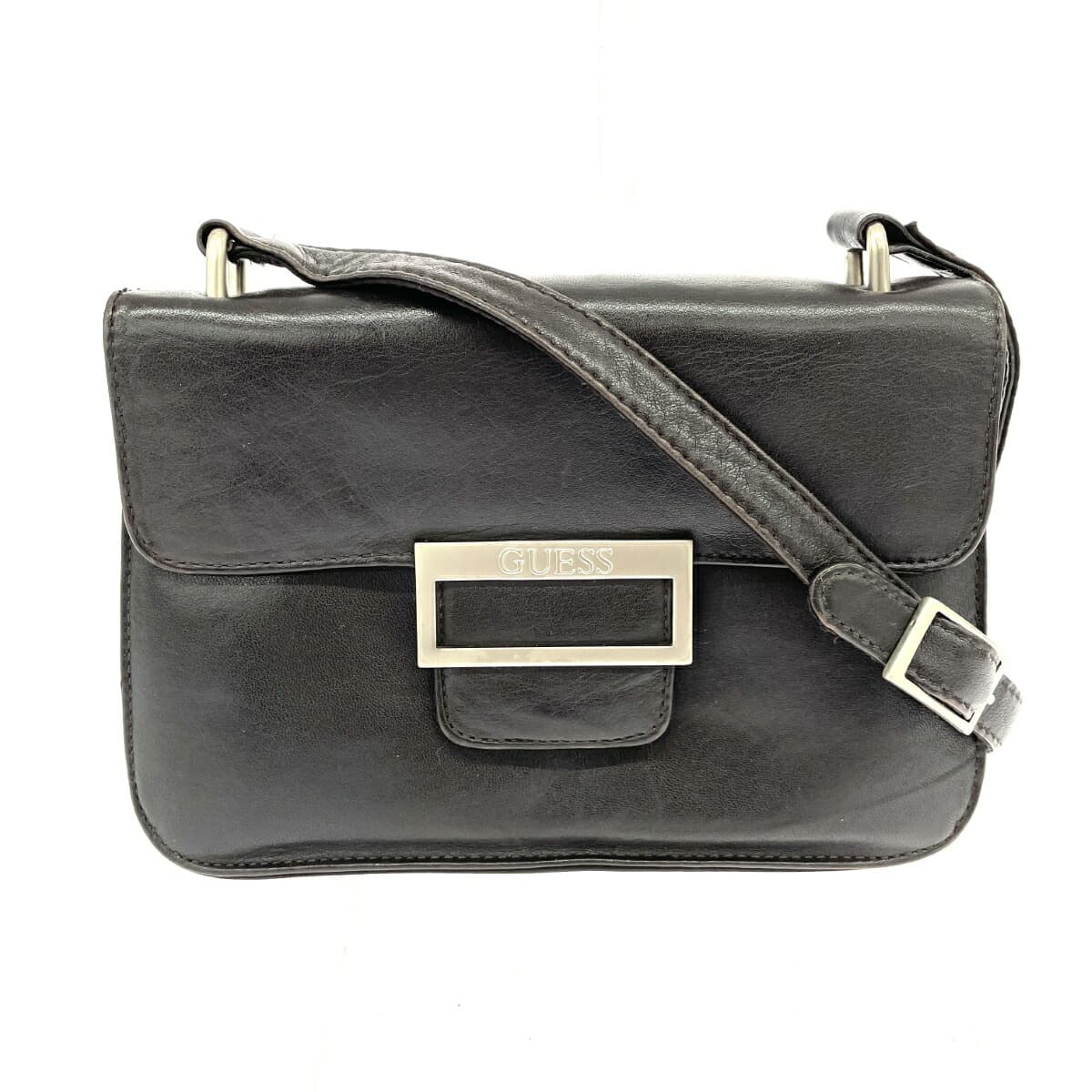 GUESS Guess Mini Shoulder Bag Logo Square Plate Leather Dark Brown Vintage Women's