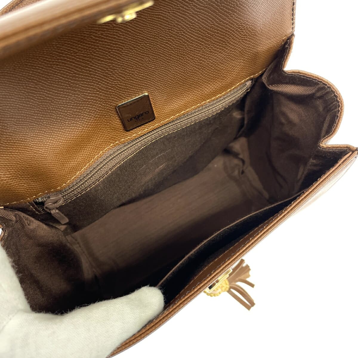 Emanuel Ungaro 2WAY Handbag Bamboo Tassel Logo Embossed Leather Brown Ladies 7