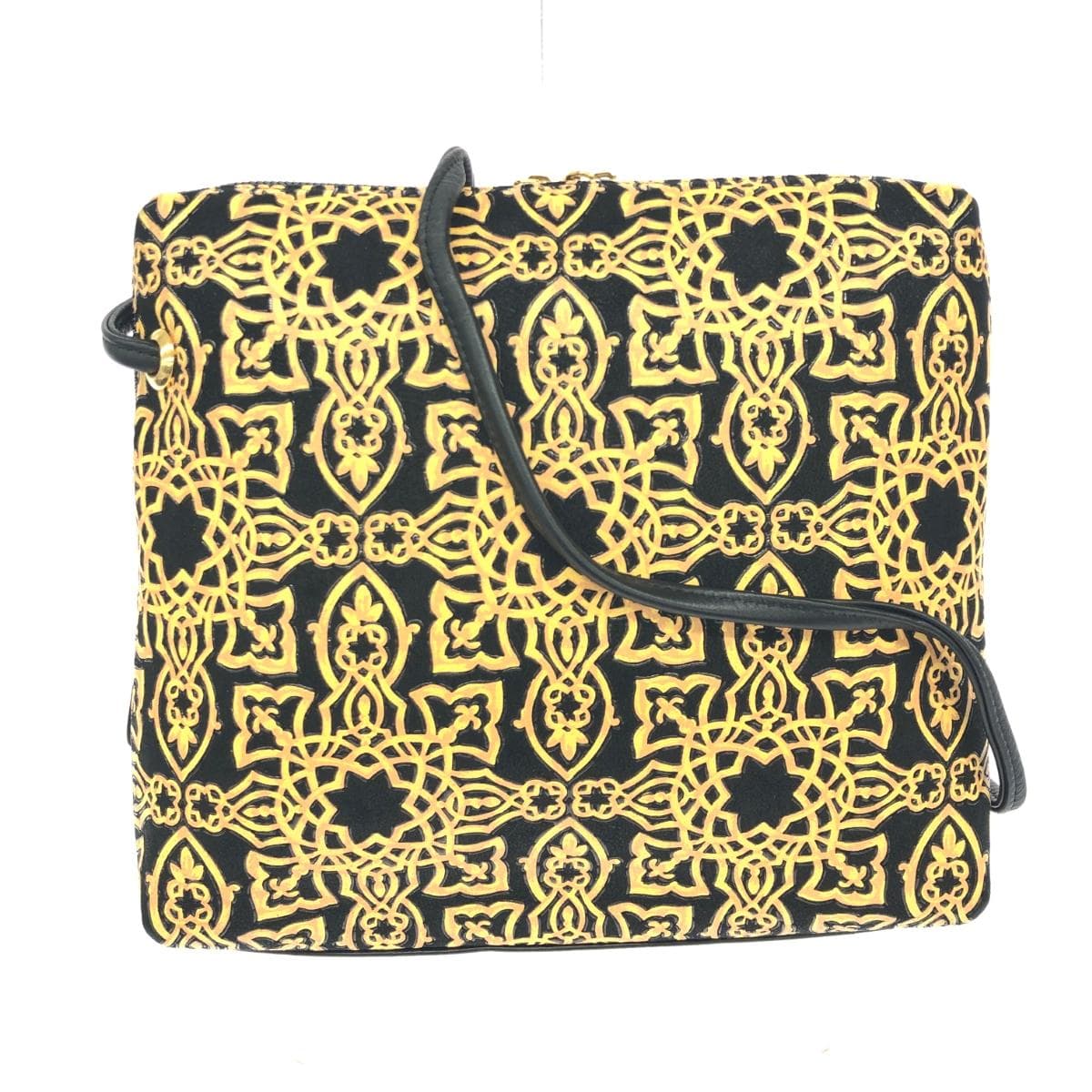 Inden-ya Mini Shoulder Bag/Pochette Geobesque Series/Kinat/Arabesque Pattern/Black Ground Deer Leather Brown Lacquer Black Ladies