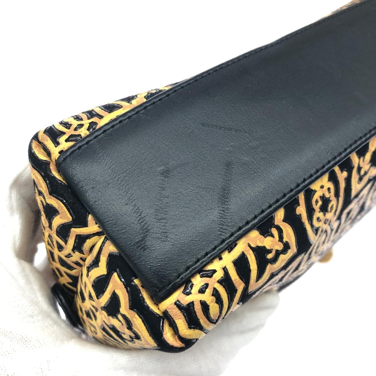 Inden-ya Mini Shoulder Bag/Pochette Geobesque Series/Kinat/Arabesque Pattern/Black Ground Deer Leather Brown Lacquer Black Ladies 8