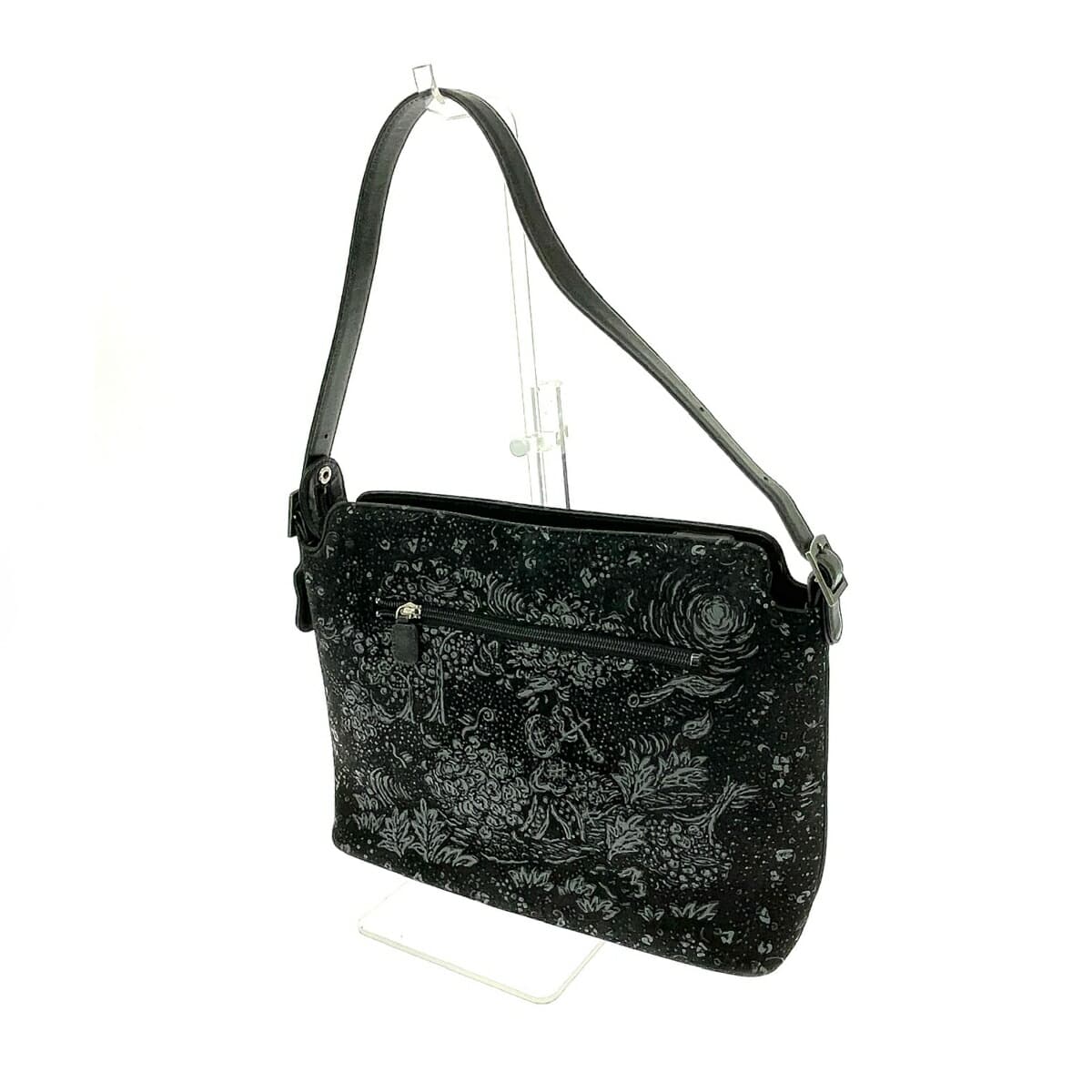 Inden-ya One Shoulder Bag Polka and Floral Black Ground Deer Leather Black Lacquer Black Ladies 3