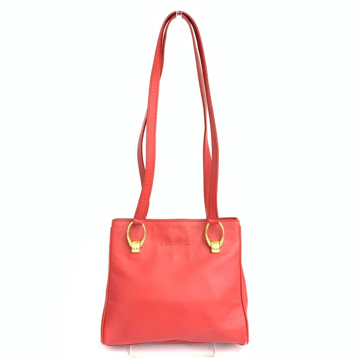 LEONARD Shoulder Tote Bag Logo Embossed Leather Red Women's