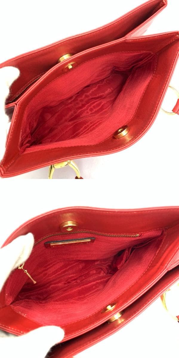 LEONARD Shoulder Tote Bag Logo Embossed Leather Red Women's 7