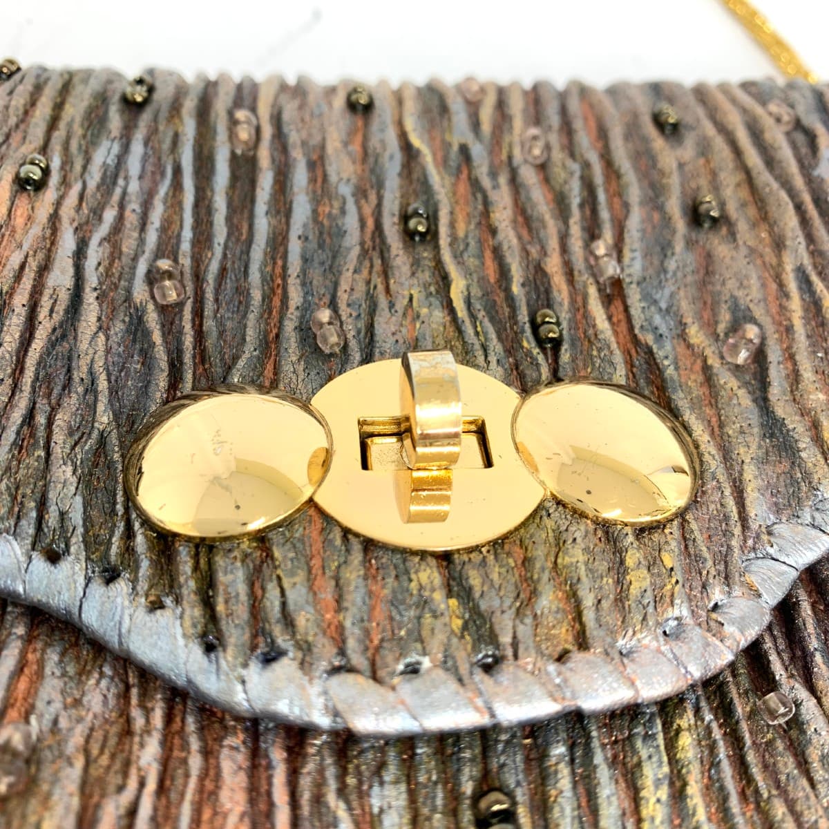 No brand chain clutch bag in good condition, beaded, pleated processing, leather, multicolor, ladies 5