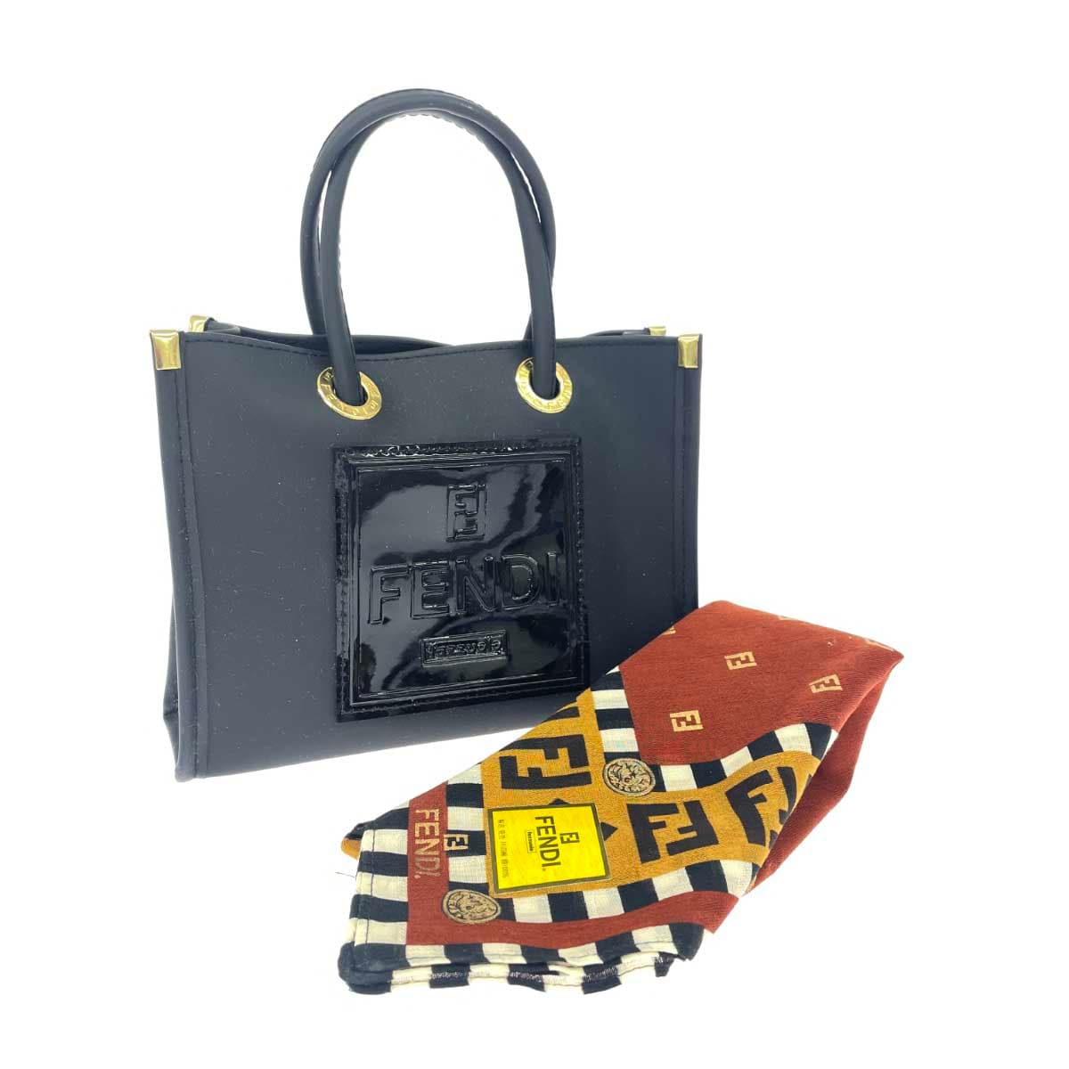 FENDI Mini Bag & Handkerchief Set Like New Zucca Pattern 085-3001 Black Ladies