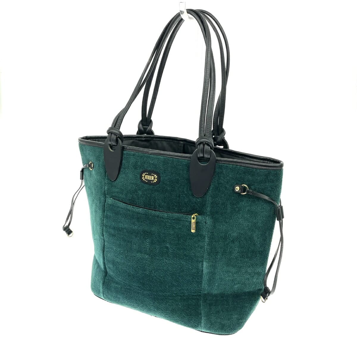 FEILER Tote Bag Chenille Weave × Leather Green Ladies 3