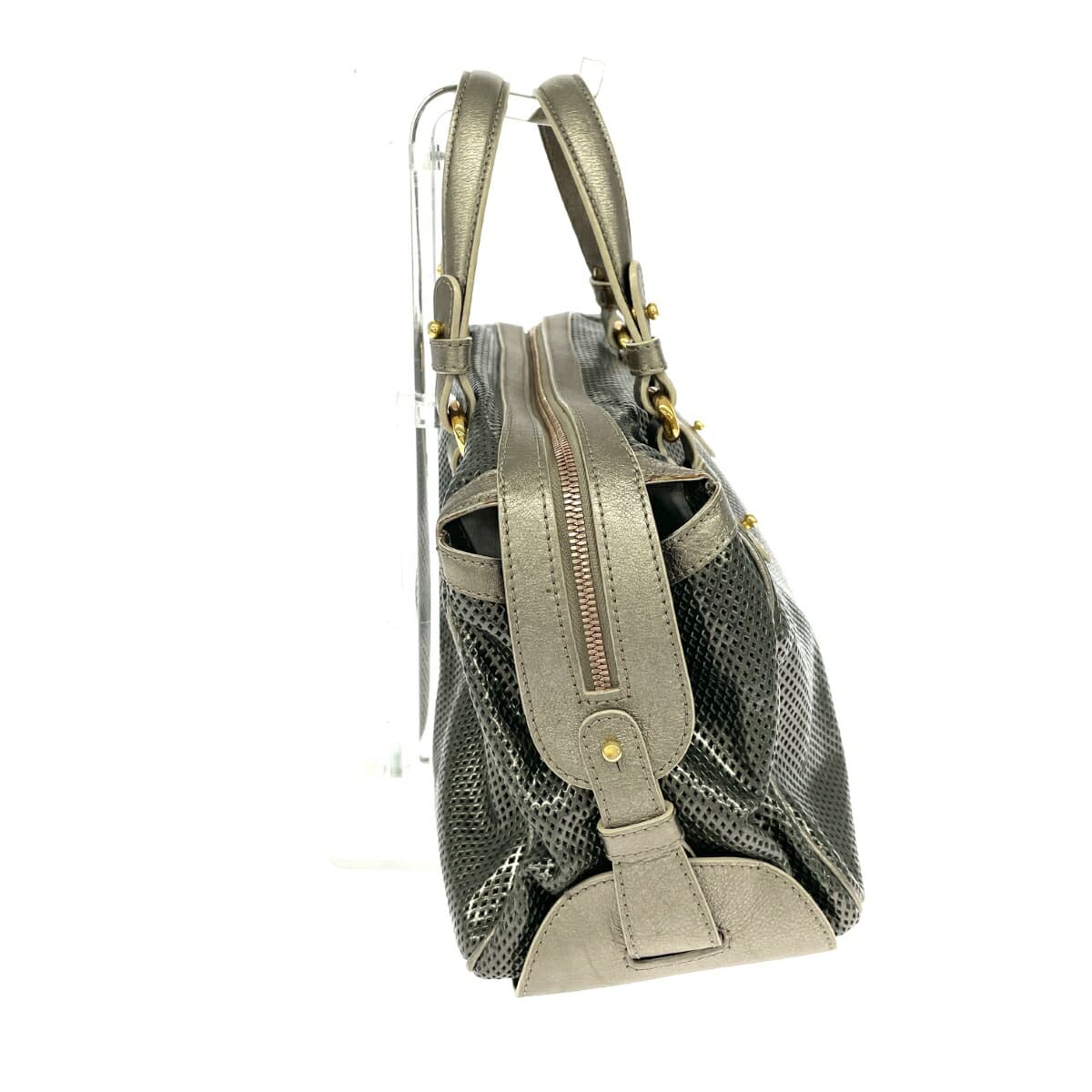 GIORGIO ARMANI Boston Bag Mesh Leather Silver Color Unisex 2