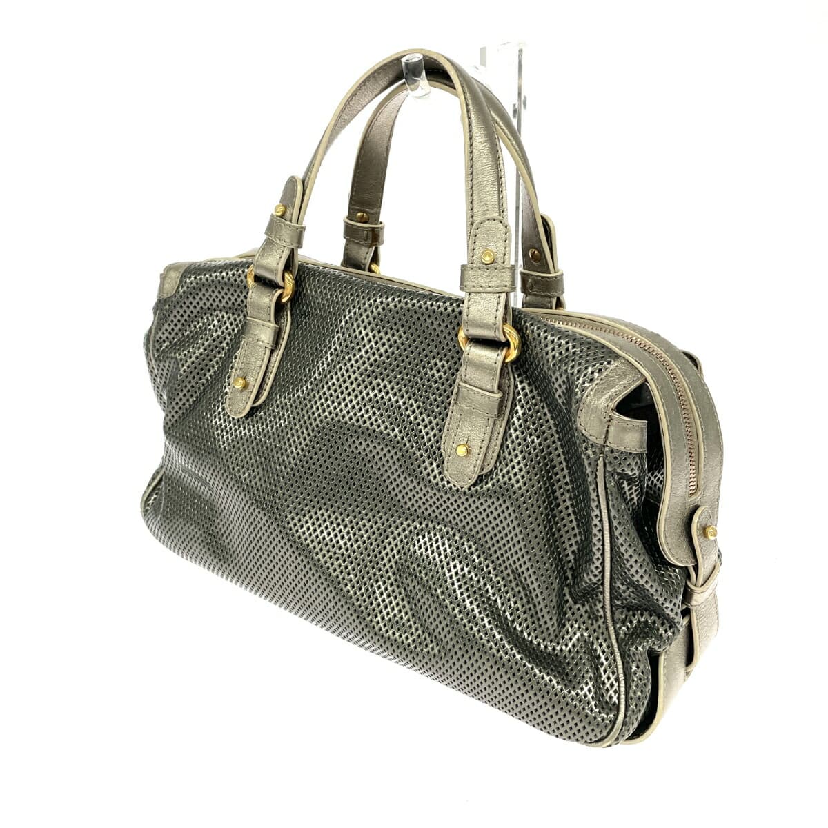 GIORGIO ARMANI Boston Bag Mesh Leather Silver Color Unisex 3