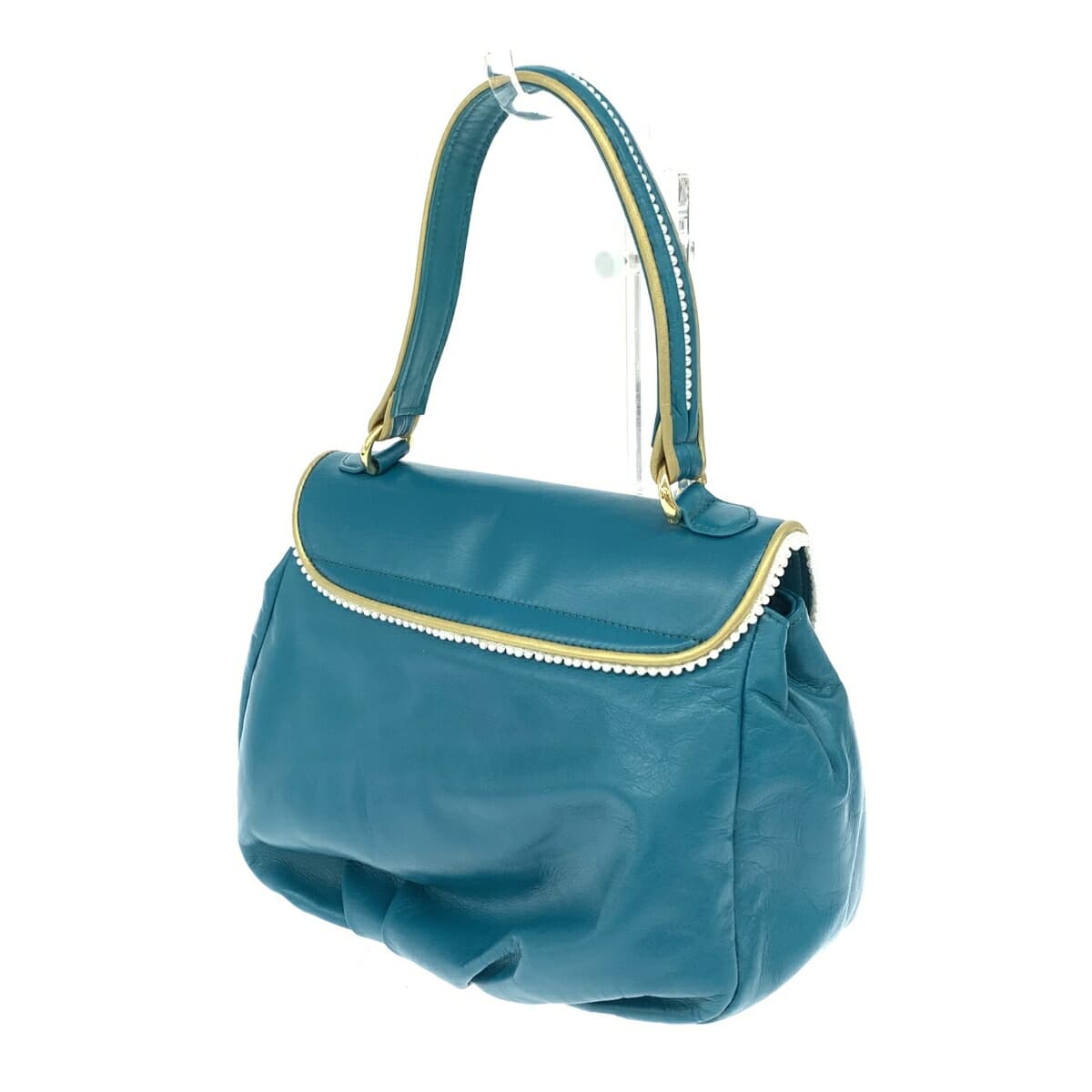 Kitamura handbag in good condition, embroidered/with rhinestones/faux pearls/leather/emeral blue for ladies 3