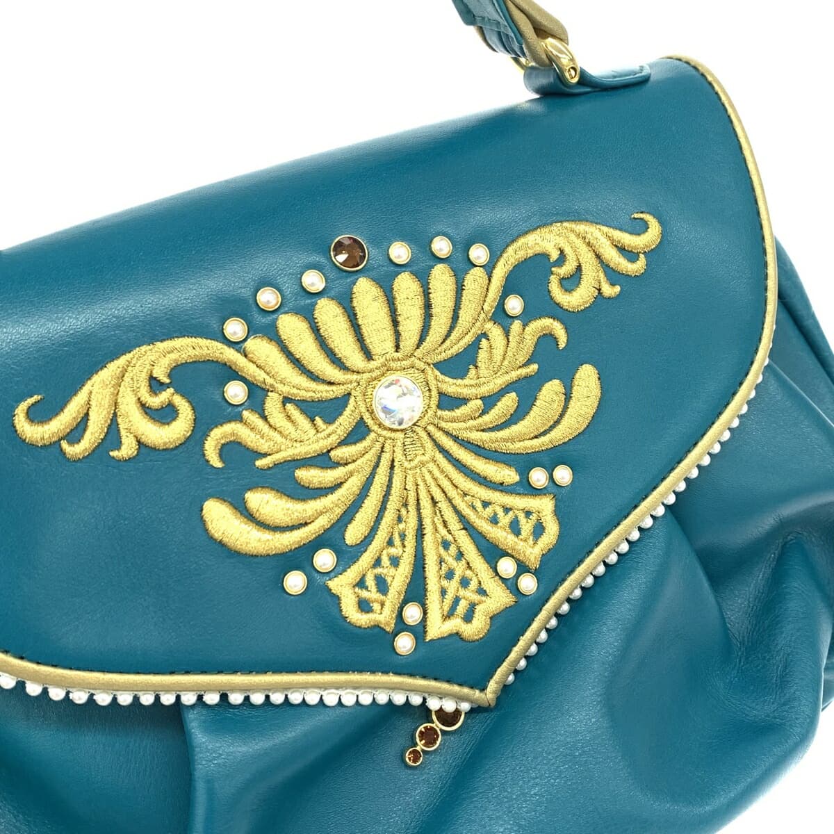 Kitamura handbag in good condition, embroidered/with rhinestones/faux pearls/leather/emeral blue for ladies 5