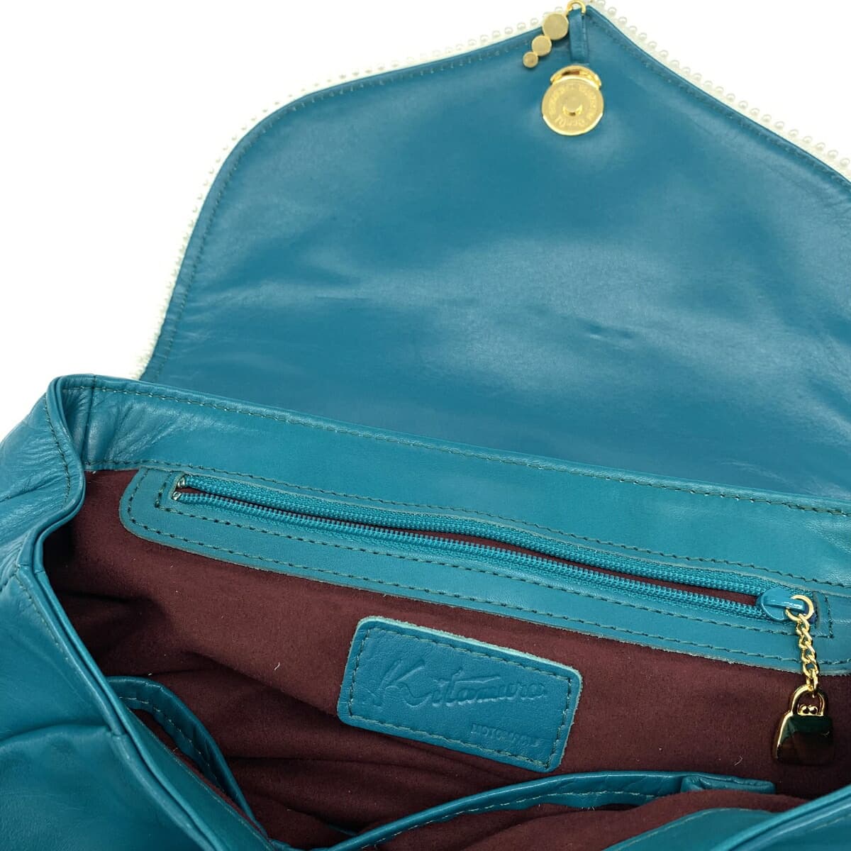 Kitamura handbag in good condition, embroidered/with rhinestones/faux pearls/leather/emeral blue for ladies 7