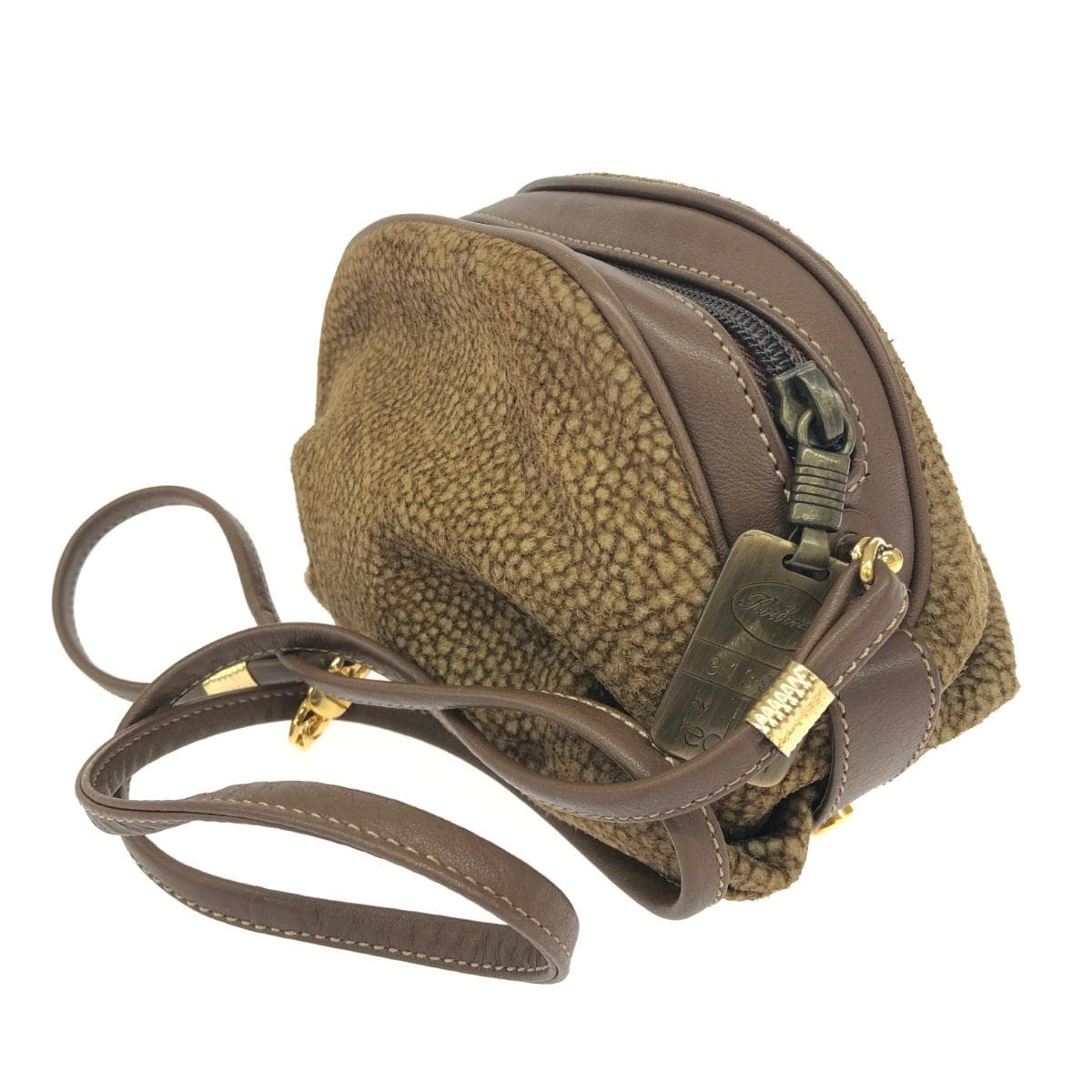 Borbonese Mini Shoulder Bag in Good Condition, Quail Pattern/Leather, Brown, Women's 3