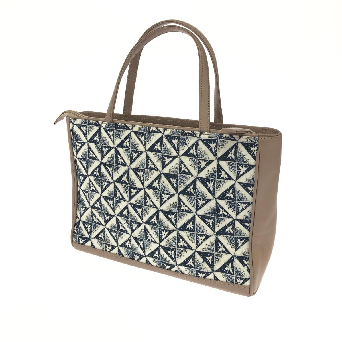 No Brand Japanese Style Tote Bag All-over Pattern Cotton × Leather Beige Women's 3