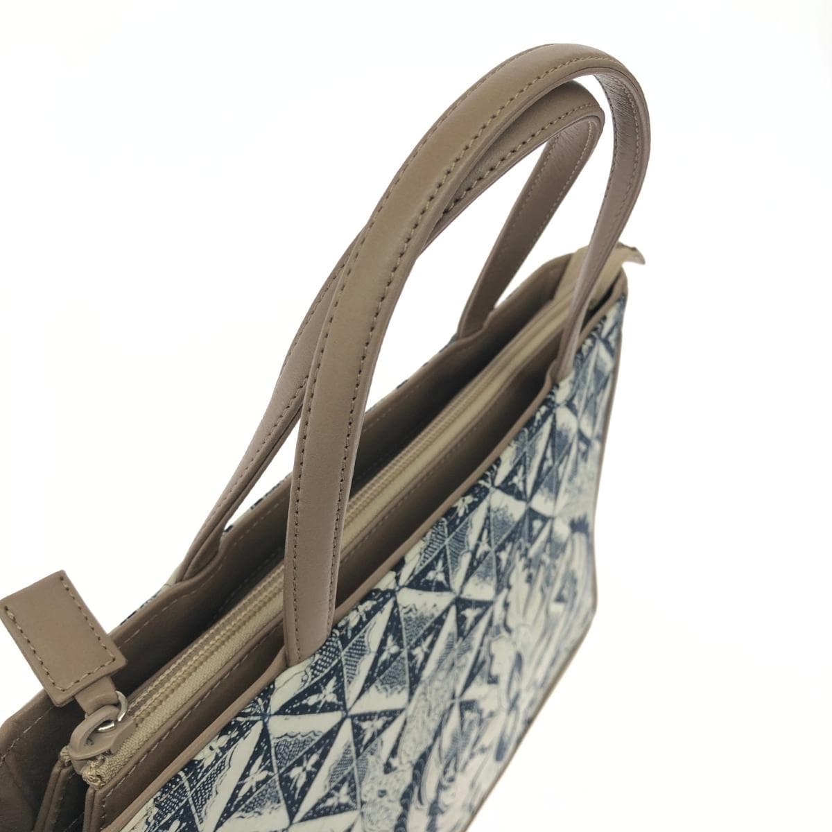 No Brand Japanese Style Tote Bag All-over Pattern Cotton × Leather Beige Women's 4