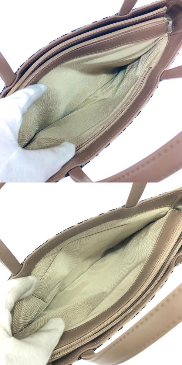 No Brand Japanese Style Tote Bag All-over Pattern Cotton × Leather Beige Women's 7