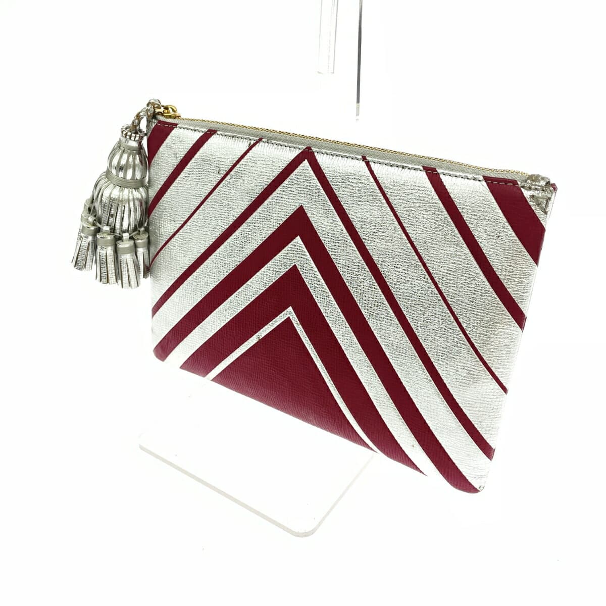 ANYA HINDMARCH Clutch Bag Leather Tassel Silver Color/Bordeaux Ladies 3
